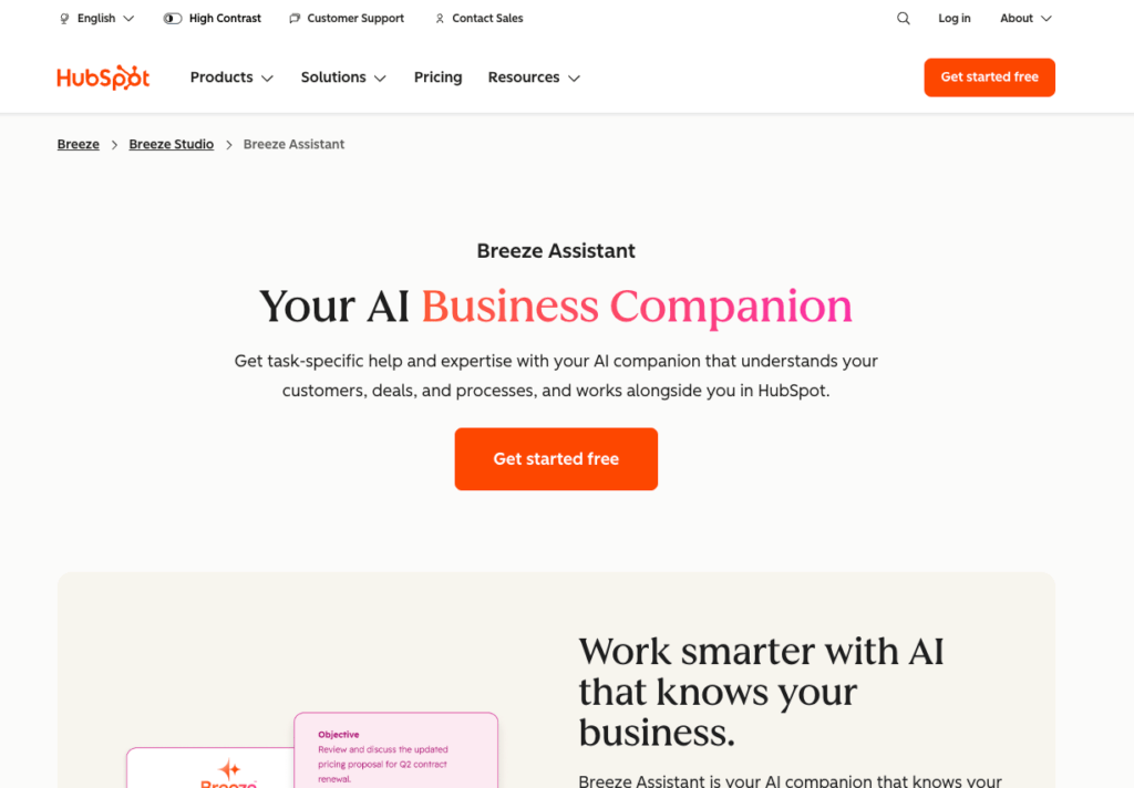 A screenshot of the main webpage for HubSpot's Breeze Assistant tool