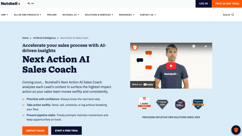 A screenshot of the webpage for Nutshell's Next Action AI Sales Coach feature, which analyzes leads to surface the highest-impact action that will keep deals moving