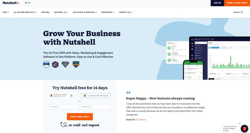 Nutshell CRM home page screenshot showing in-app and mobile app Sales dashboard
