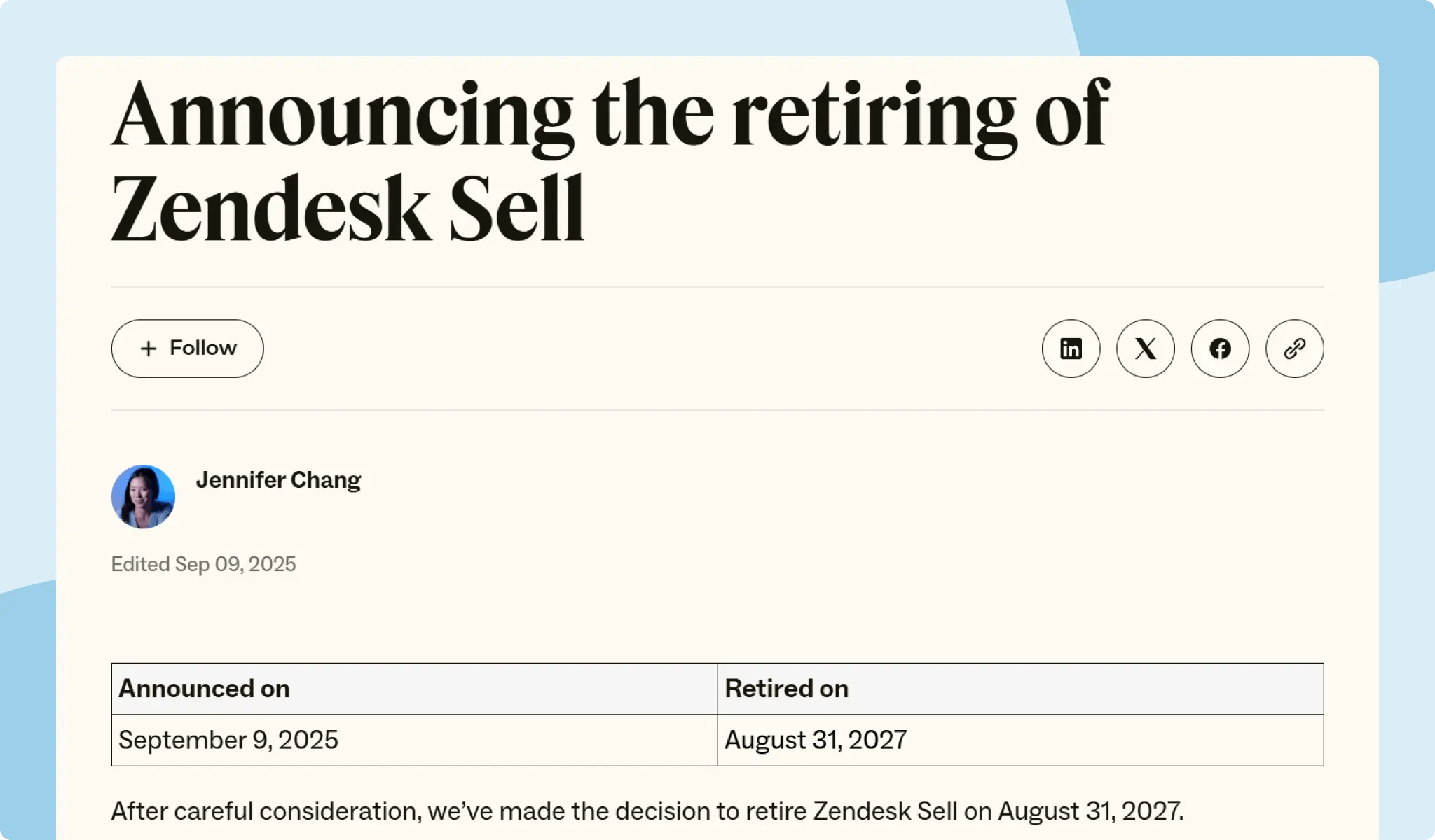 Zendesk Sell Announces Retirement - Complete Shutdown on August 31, 2027