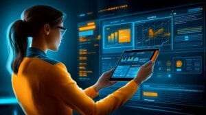 Professional using Nutshell CRM dashboard with sales analytics, charts, and data visualization on tablet and multiple screens