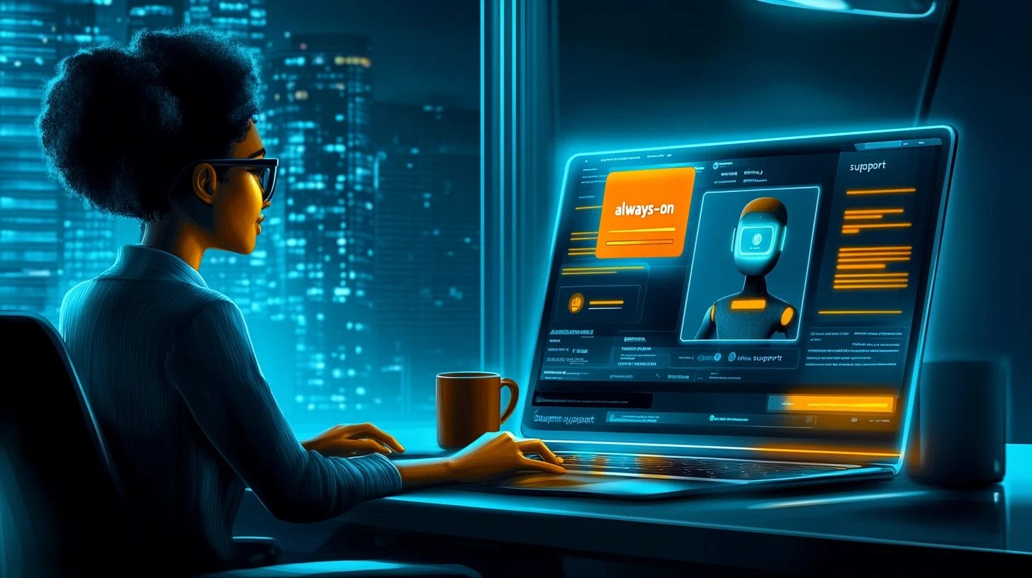 Customer at laptop with coffee mug chatting with with friendly AI avatar