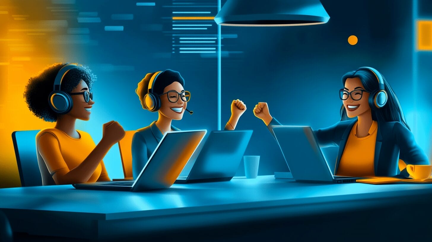 A group of 3 co-workers sitting around a table with laptops open, pumping their fists in the air because they&#039;ve successfully onboarded to a new CRM.