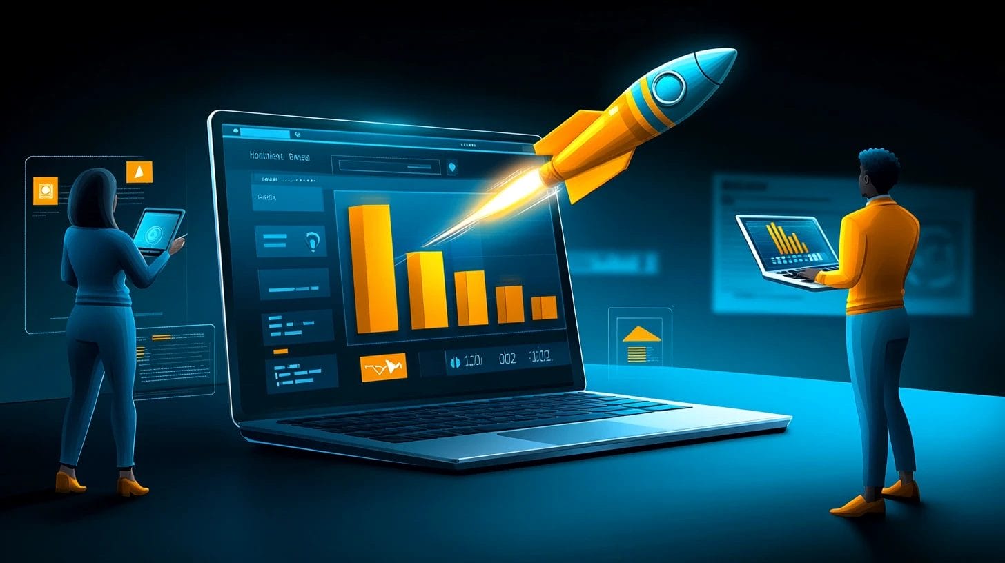 Two people interacting with a giant laptop that displays a bar graph showing increasing progress. A rocket ship takes off from the laptop.