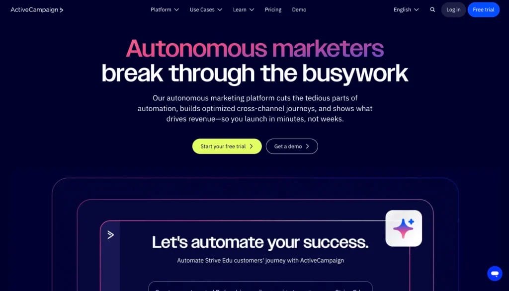 A screenshot of the ActiveCampaigns homepage.