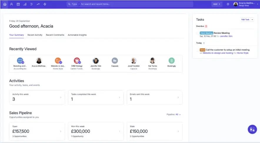 Capsule CRM dashboard screenshot, showcasing one of the best simple CRMs