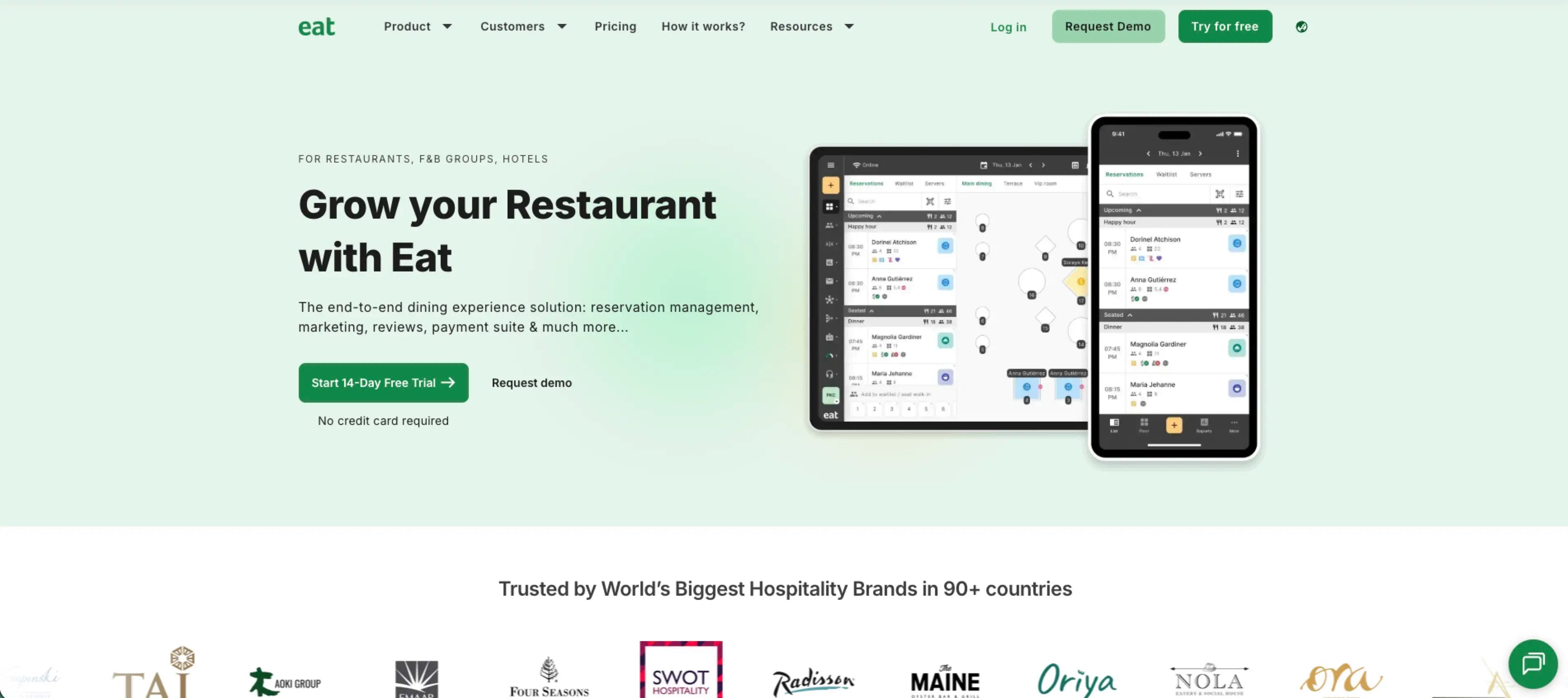Homepage of Eat, a CRM for restaurants