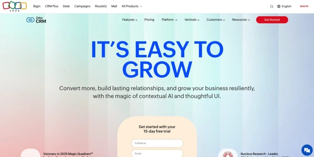 Zoho CRM Homepage