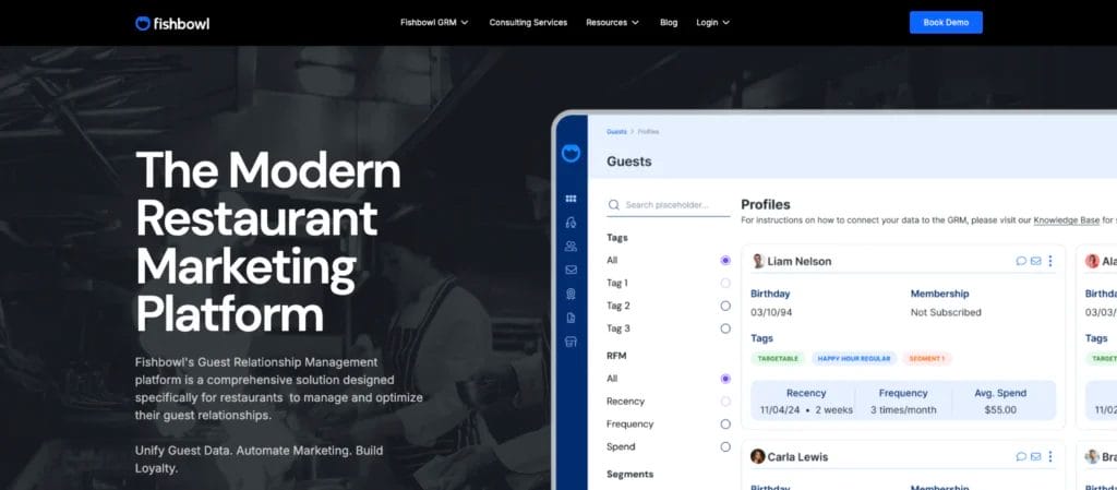 Homepage of Fishbowl, a CRM for restaurants