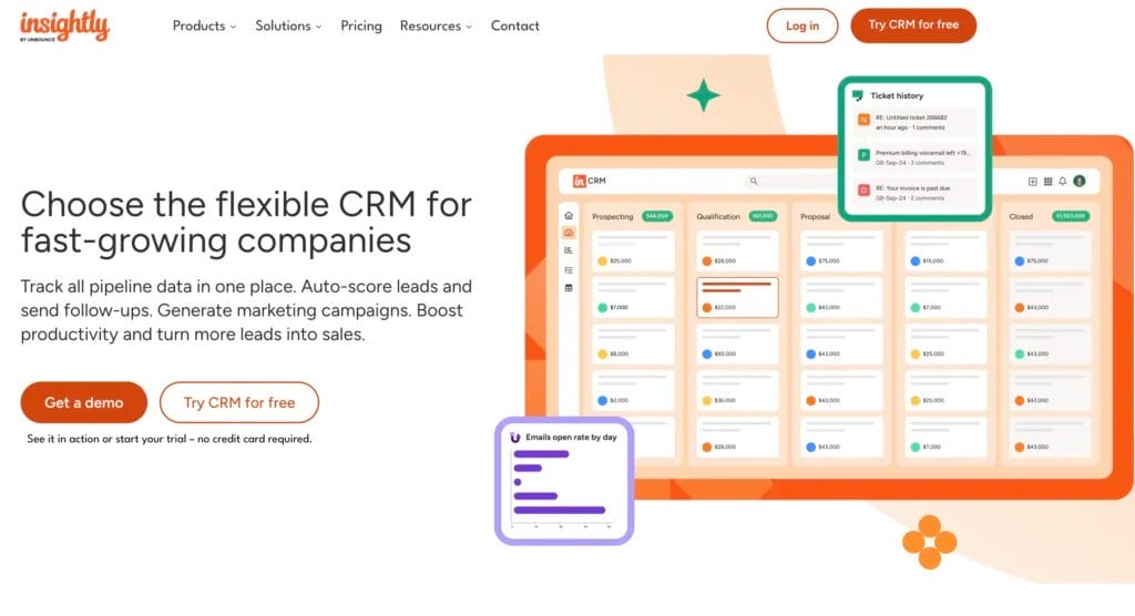 A screenshot of Insightly's homepage