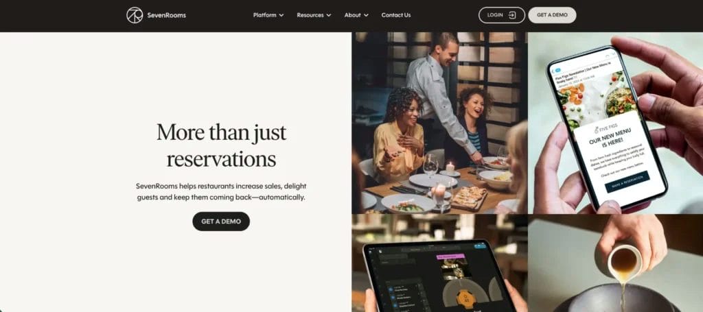 Homepage of SevenRooms, a CRM for restaurants