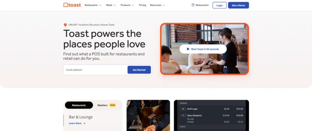 Homepage of Toast, a CRM for restaurants
