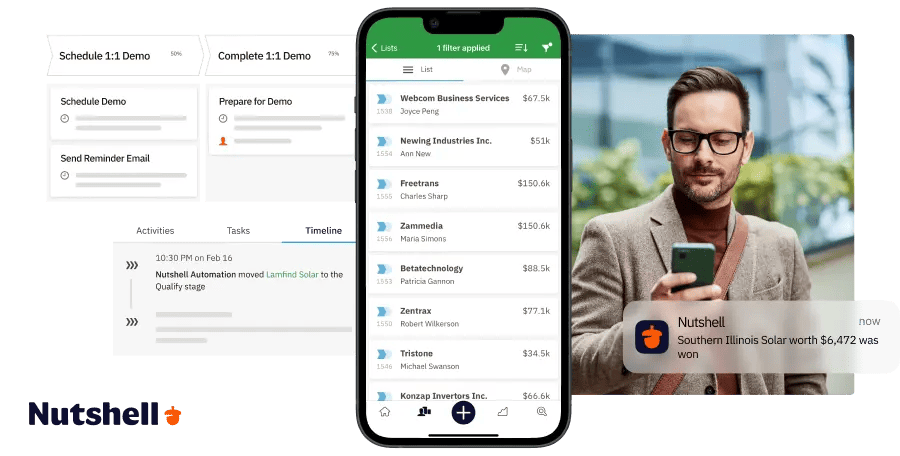 Nutshell mobile CRM app interface showing lead details, next-action guidance, and quick communication options for field sales teams