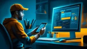 A picture of a contractor managing contacts and collaborating with team members through his CRM on his mobile device and his desktop computer