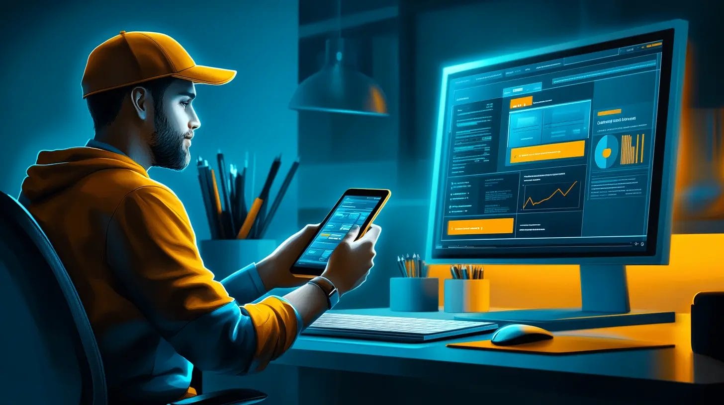 A picture of a contractor managing contacts and collaborating with team members through his CRM on his mobile device and his desktop computer