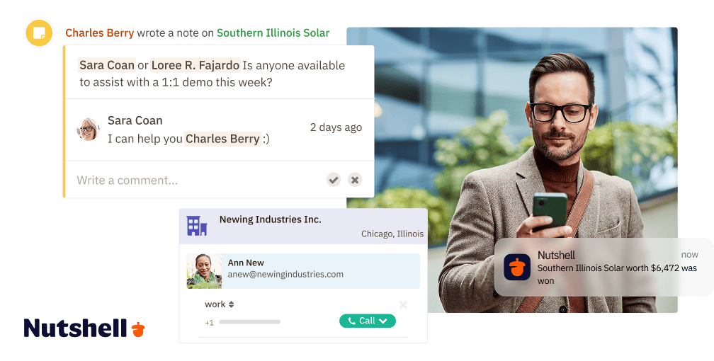 In-app screenshots showing Nutshell's mobile functionality