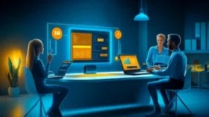 A diverse small business team collaborating around a laptop displaying a customer relationship management dashboard