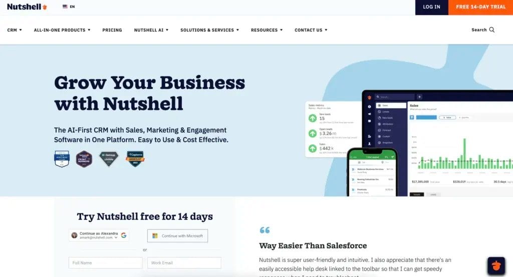 Nutshell stress-free manufacturing CRM homepage screenshot