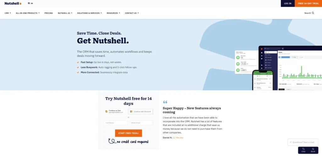Nutshell CRM homepage screenshot