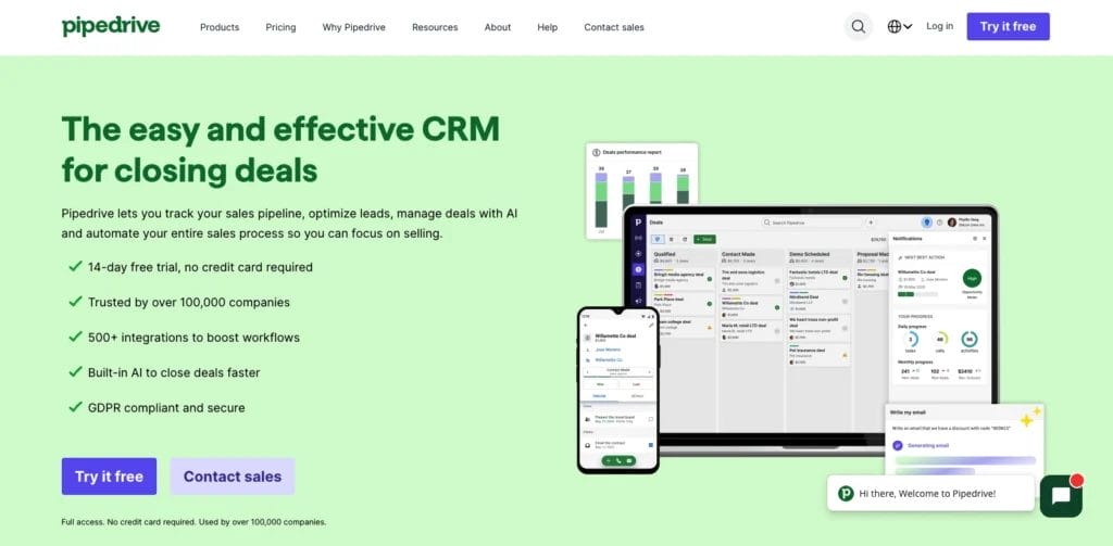 Manufacturing CRM homepage for Pipedrive