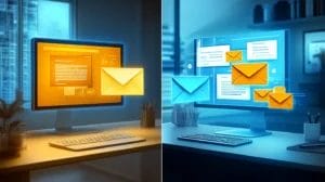 An image depicting a split screen, which visually illustrates the contrast between generic and personalized email marketing.