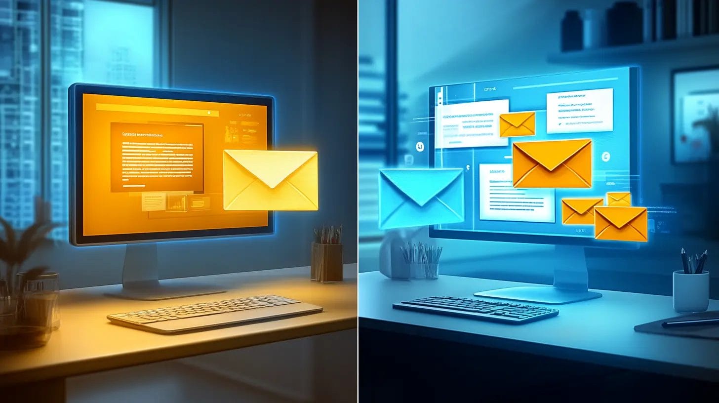 An image depicting a split screen, which visually illustrates the contrast between generic and personalized email marketing.