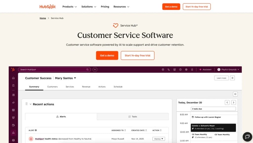 The homepage for HubSpot Service Hub, the platform containing live chat capabilities