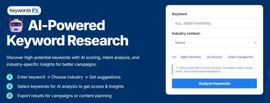 Screenshot of the homepage of KeywordsFX - a free keyword research tool