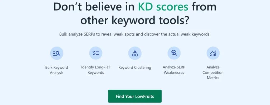 Screenshot of the homepage of LowFruits - a paid keyword research tool