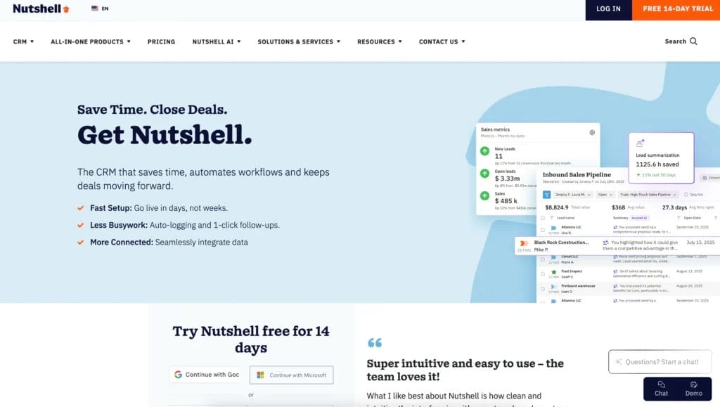 Nutshell home page displaying app screenshots, testimonials, and a free trial signup form