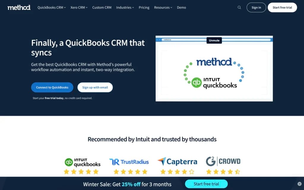 Method CRM homepage showing the platform's integration with Intuit QuickBooks