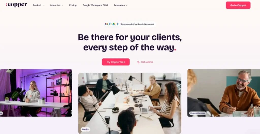 Copper's homepage with links to sign up for a free trial or request a demo