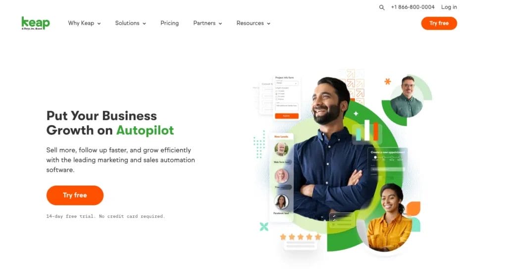 Keap's homepage featuring the slogan "Put Your Business Growth on Autopilot"
