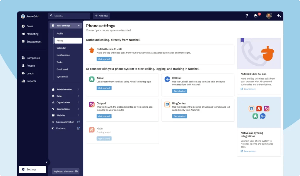 Screenshot of instant CRM phone integration options in Nutshell
