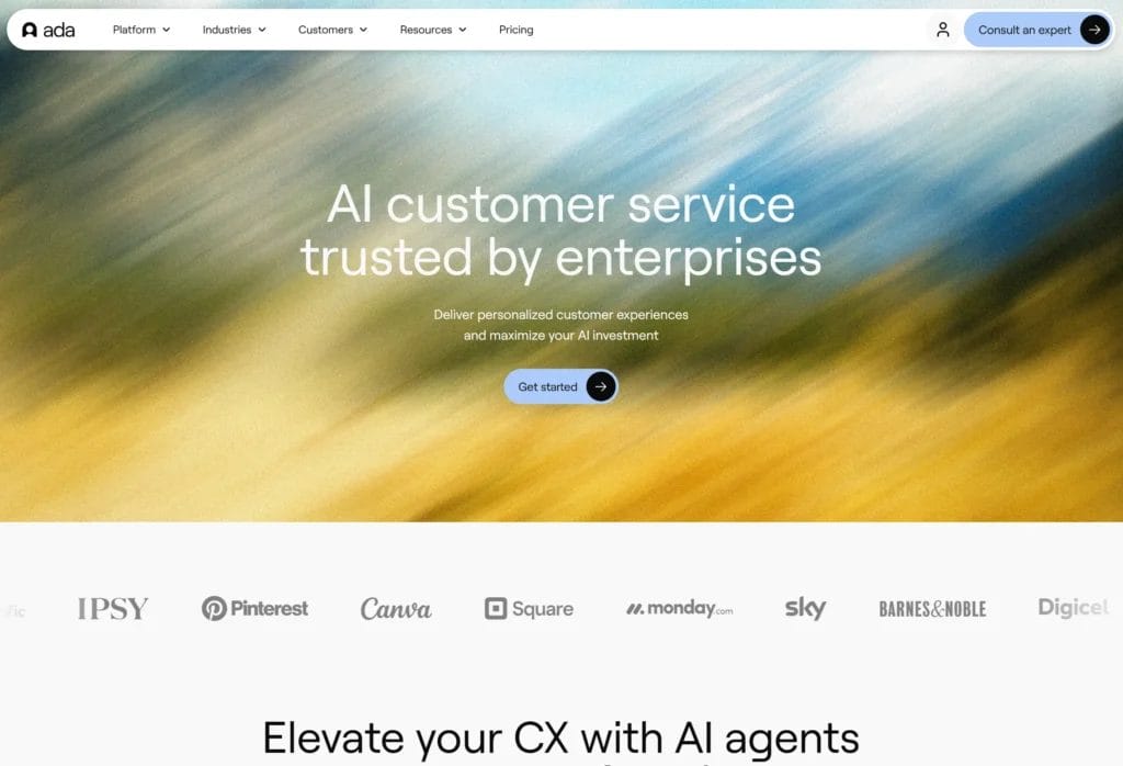 Homepage of Ada AI chatbot