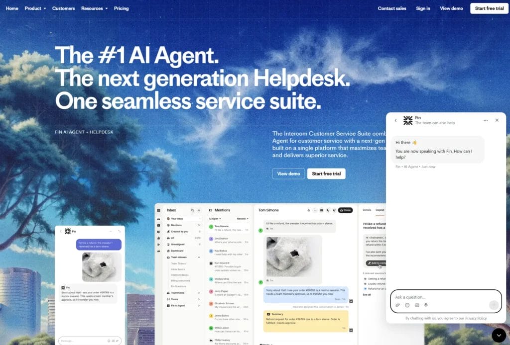 Homepage for Intercom Fin AI Chatbot