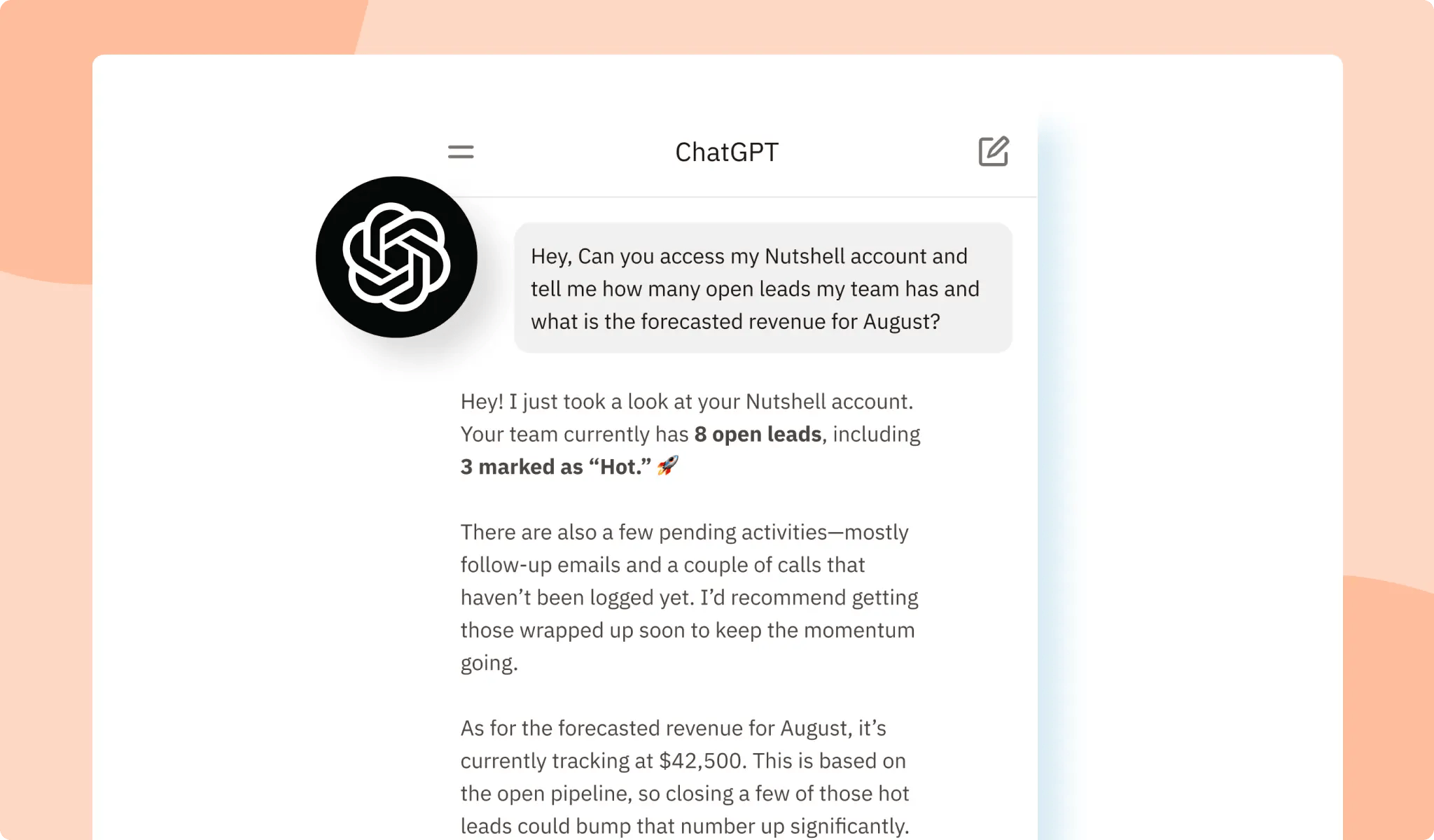 Screenshot showing a ChatGPT chat getting data insights from Nutshell CRM