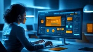 Insurance agent using a modern CRM dashboard to manage client relationships and track policy renewals