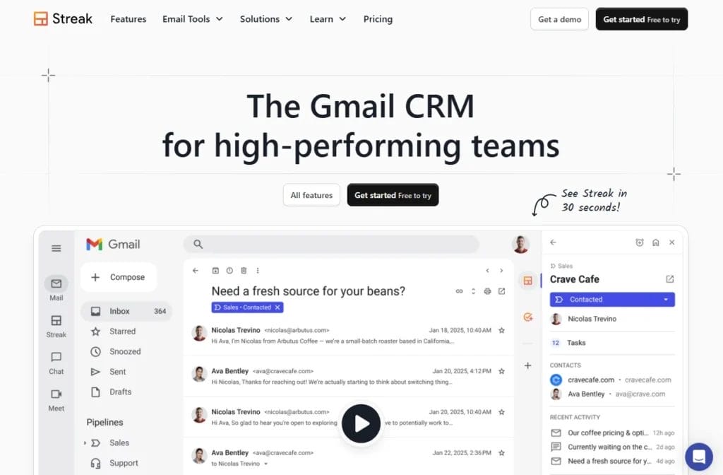 homepage of Streak CRM for Gmail