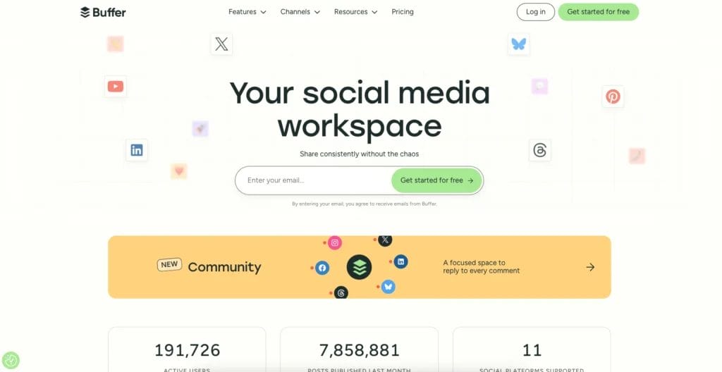 The Buffer homepage featuring the Community space