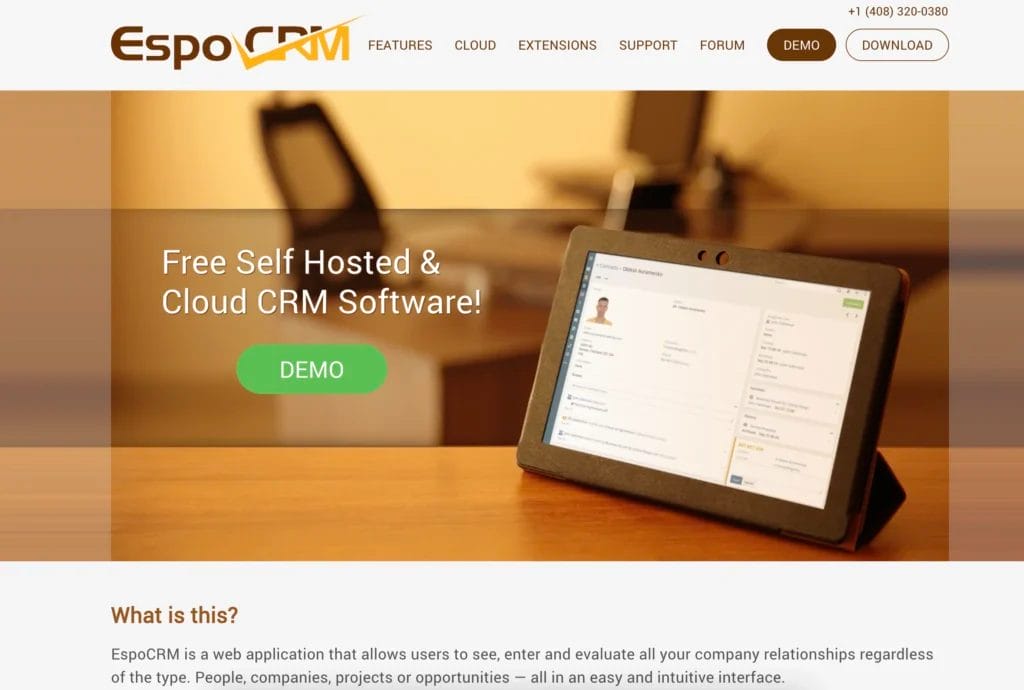 The EspoCRM homepage showing an iPad CRM interface