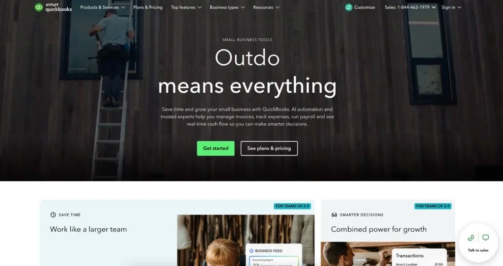 The Intuit QuickBooks homepage