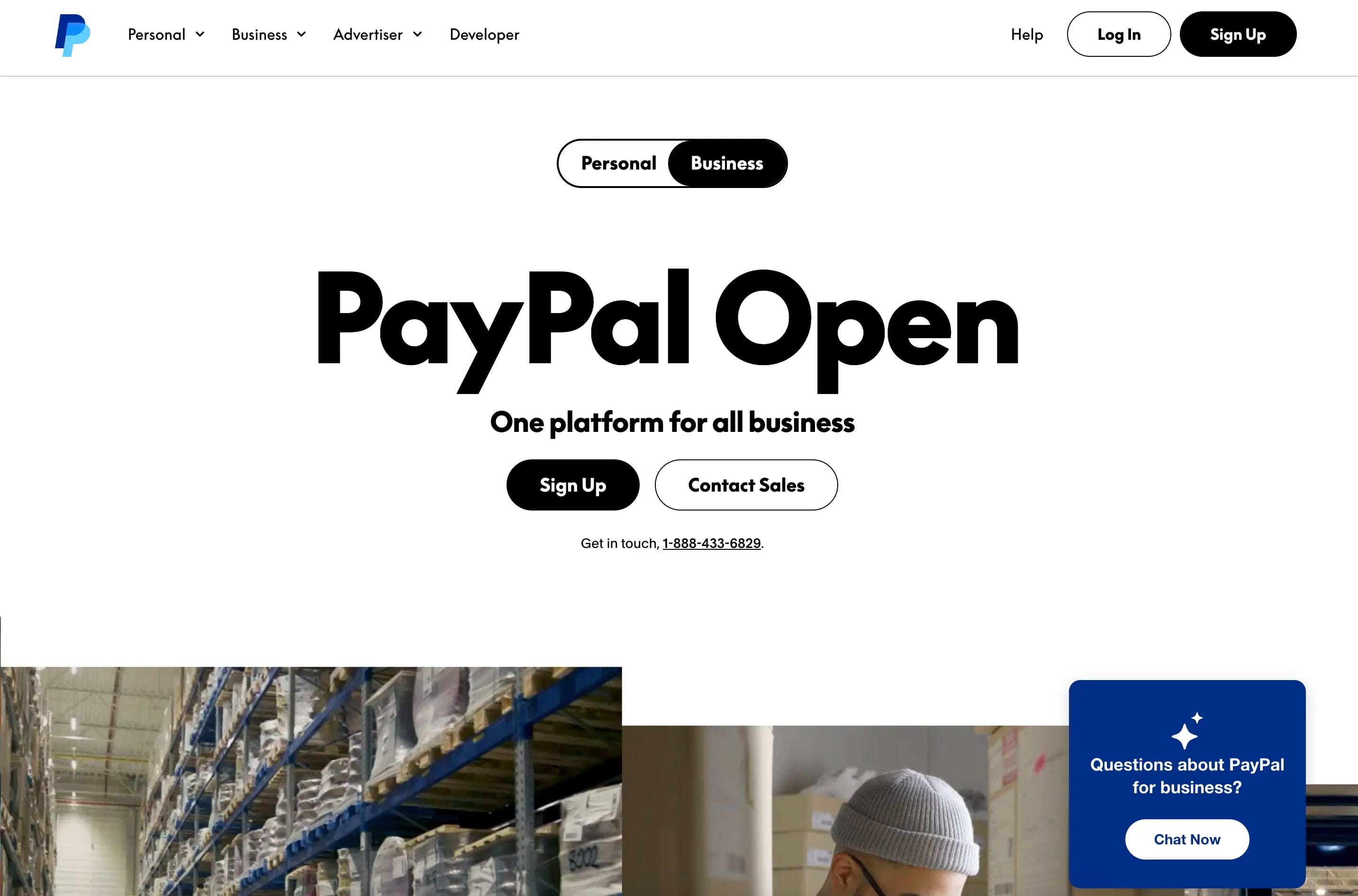 The PayPal business homepage