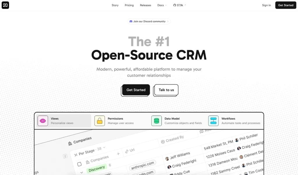 Twenty's homepage displaying its modern UI and affordability