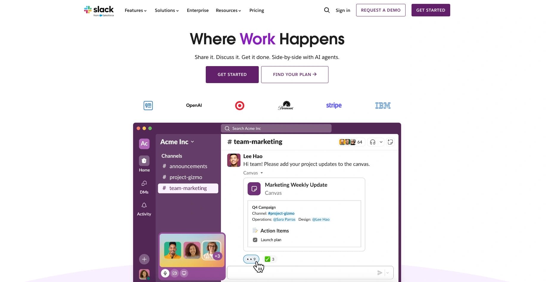 A screenshot of the Slack homepage showing a mockup of a conversation
