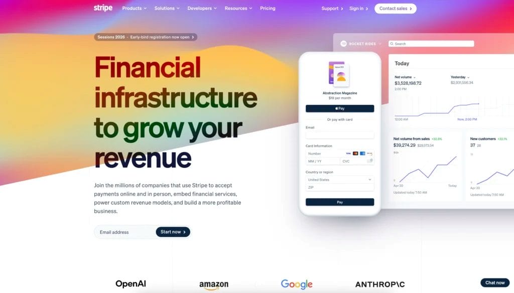 Stripe's homepage with screenshots of its mobile payment interface and user dashboard