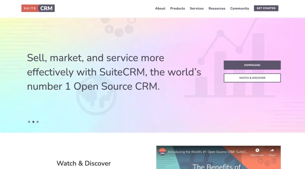 SuiteCRM's homepage describing it as the world's number 1 Open Source CRM