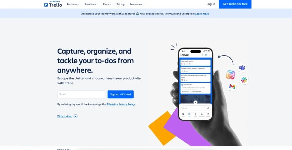 A screenshot of Trello's homepage featuring a mockup of their mobile inbox