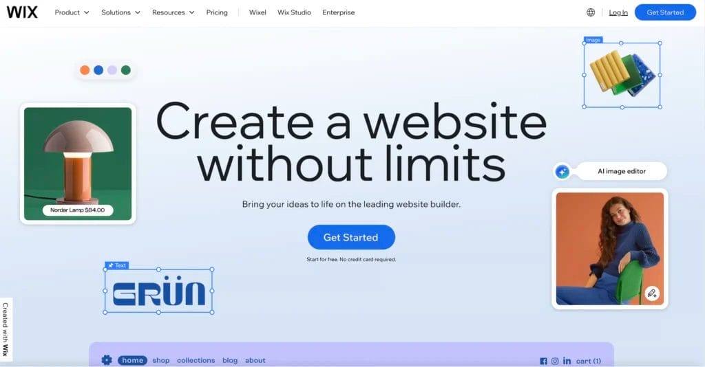 Wix.com homepage with illustrations of its drag-and-drop site editor