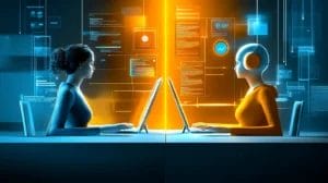 Professional reviewing customer data alongside visual representations of AI insights symbolizes the integration of human judgment and artificial intelligence in sales